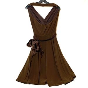 Dark brown, a-line halter dress with tie belt
